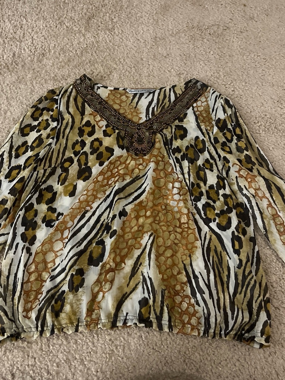 Beaded Animal Print Women's Top in Multi-Colored Tan